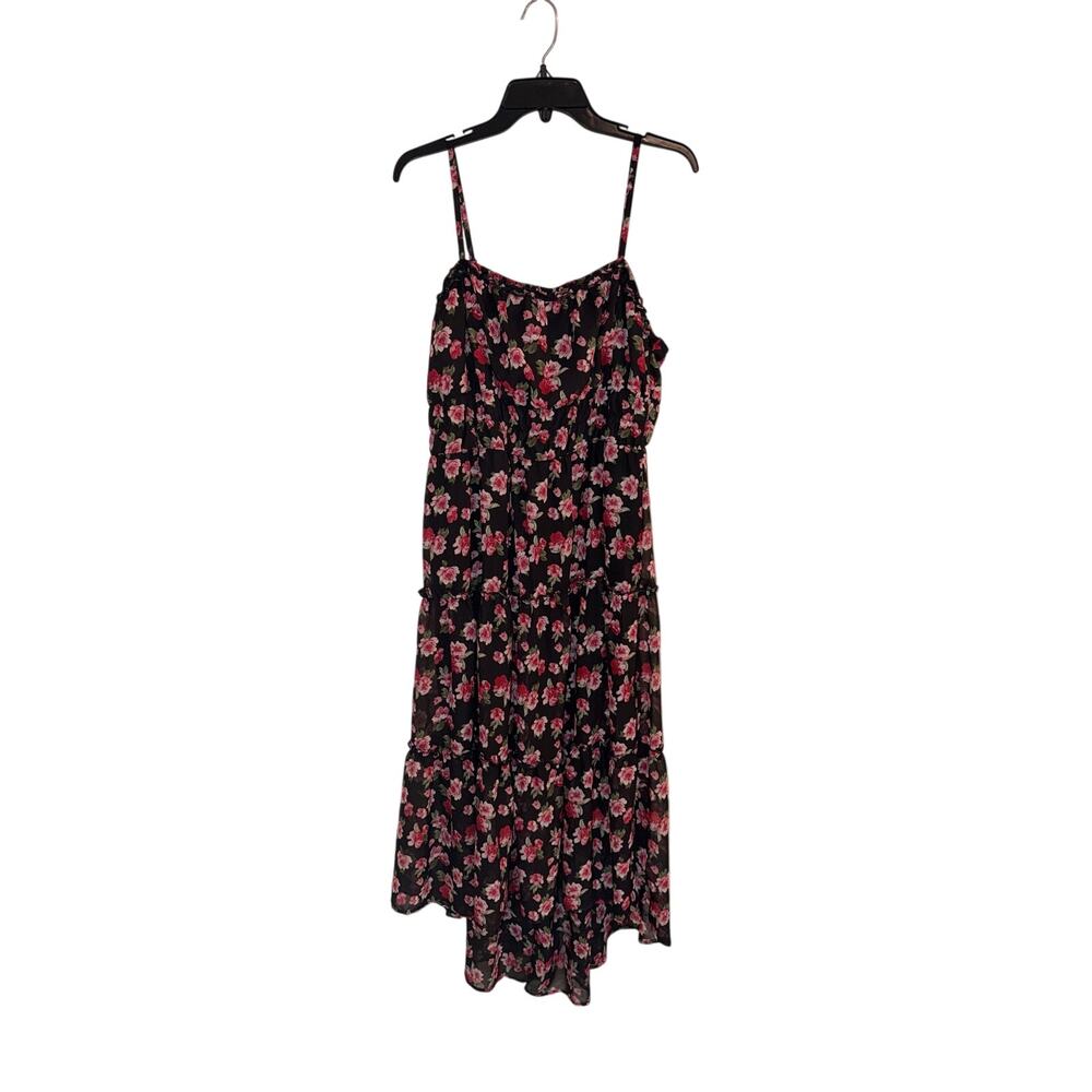 No Boundaries Juniors XXL 19 Black Pink Floral Tiered Midi Dress High Low